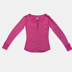 Y2K dELiAs Pink Polka Dot Waffle Henley Top Long Sleeve Vintage Small Barbie